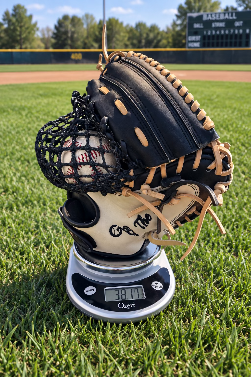 A black leather lacrosse mitt with a black lacrosse mesh head and beige lacing, displayed on a digital scale in a kitchen setting.